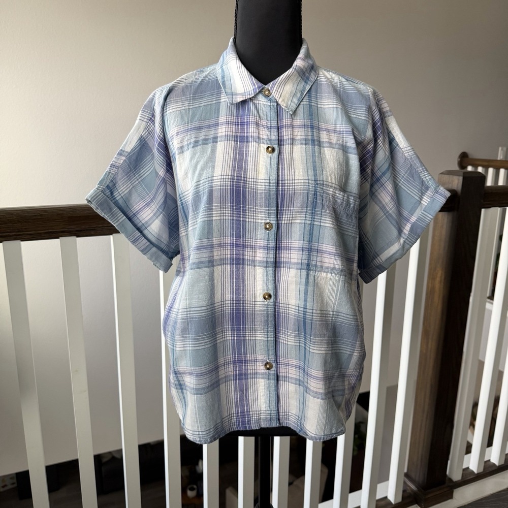 Lucky Brand‎ Plaid Cotton Workwear Shirt Plaid Indigo Multi Womens Sz M Boxy 90s